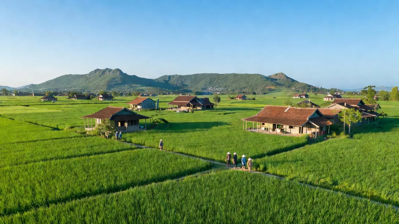 Cảnh đẹp xã Lâm Sơn, huyện Ninh Sơn, tỉnh Ninh Thuận với đồng ruộng xanh tươi, nhà truyền thống.