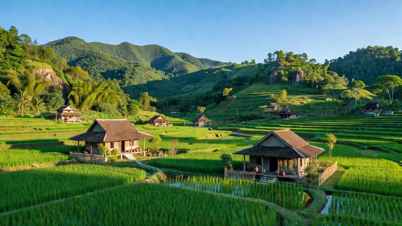 Khung cảnh tươi đẹp của xã Lương Sơn, huyện Ninh Sơn, tỉnh Ninh Thuận với núi non và trời trong xanh.