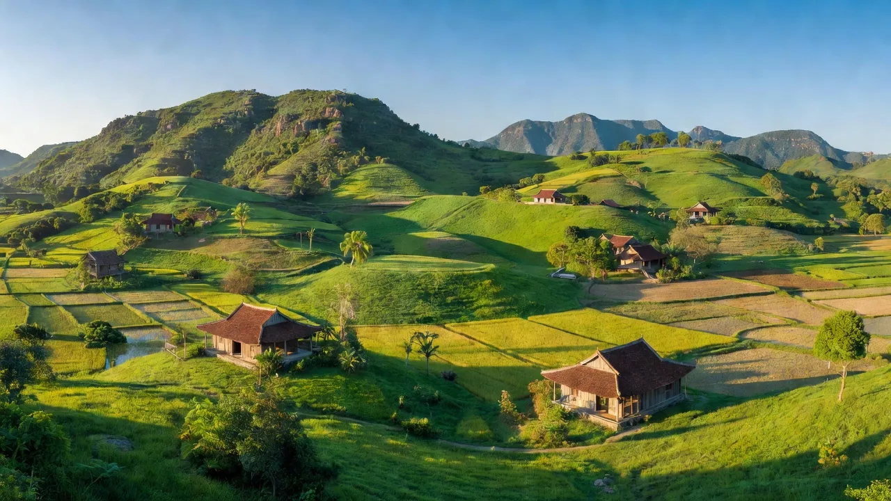 Cảnh quan xã Ma Nới huyện Ninh Sơn, tỉnh Ninh Thuận với đồi núi xanh tươi và nhà truyền thống.