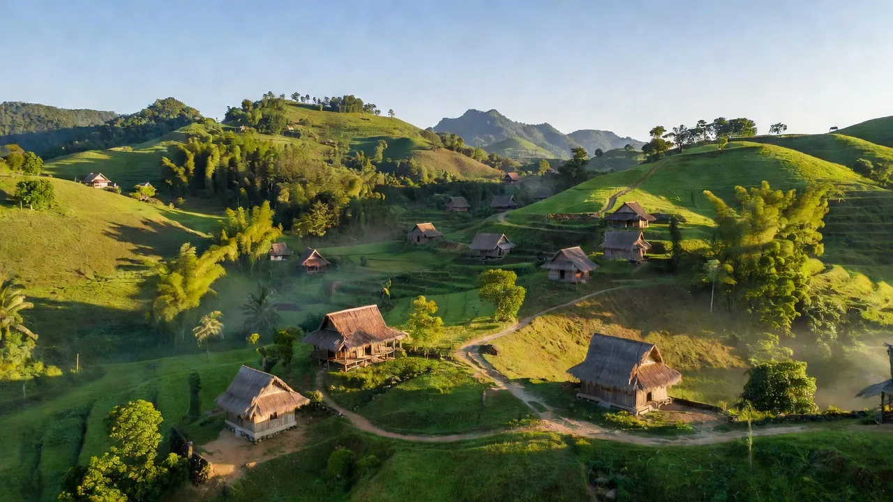 Khung cảnh thôn Ma Nới huyện Ninh Sơn, tỉnh Ninh Thuận với đồi núi xanh và nhà truyền thống.