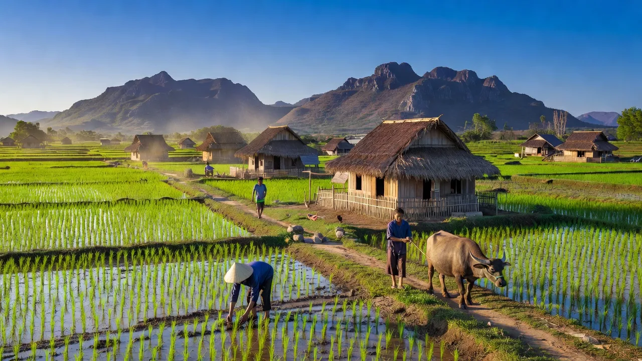 Cảnh đẹp xã Mỹ Sơn, huyện Ninh Sơn, tỉnh Ninh Thuận với cánh đồng và nhà truyền thống.