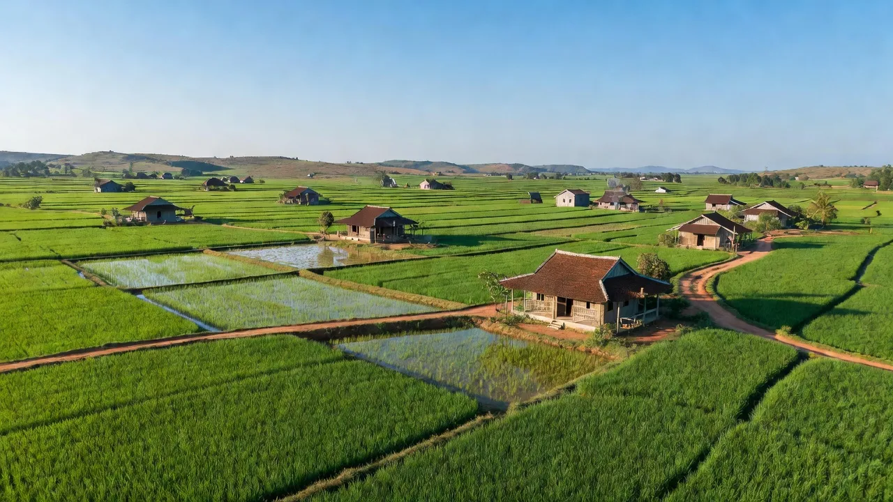 Toàn cảnh xã Mỹ Sơn, huyện Ninh Sơn, Ninh Thuận với cánh đồng xanh mướt và nhà truyền thống.