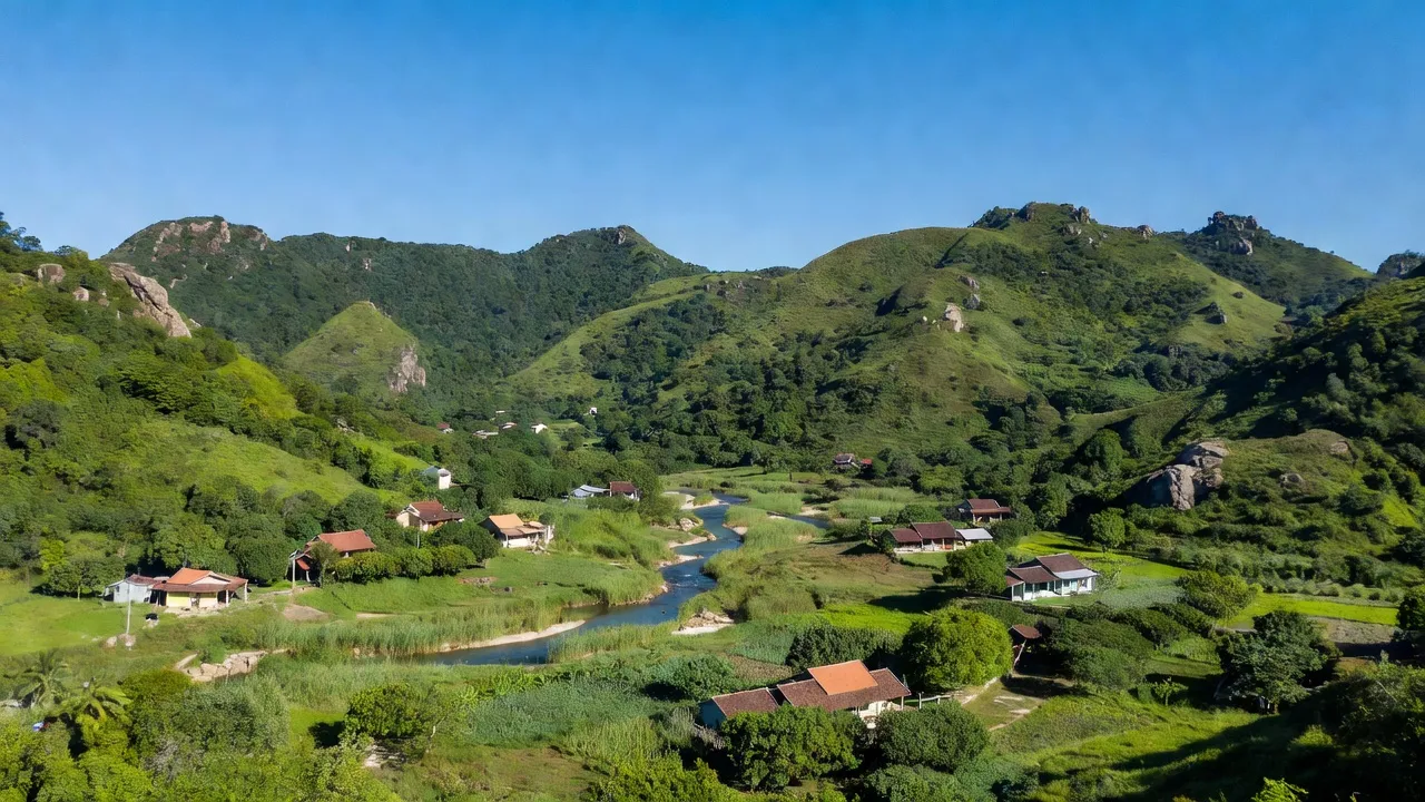 Cảnh quan Xã Nhơn Sơn, huyện Ninh Sơn, tỉnh Ninh Thuận với đồi núi và sông nước xanh mát.