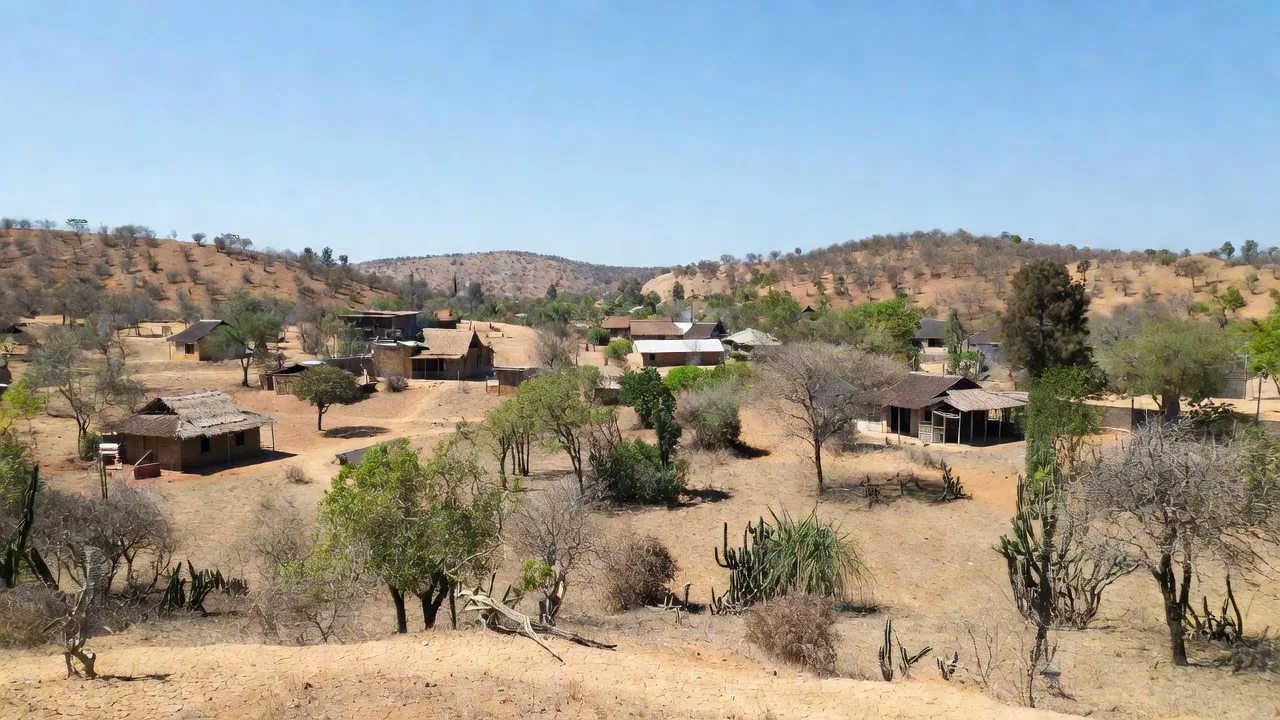 Quang Son, Ninh Son district, Ninh Thuan province's dry landscape with traditional houses, blue sky.
