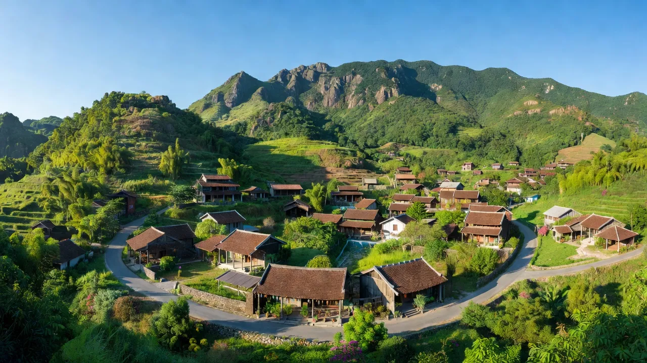 Khung cảnh tươi đẹp của thị trấn Tân Sơn, huyện Ninh Sơn, tỉnh Ninh Thuận với núi non xanh tươi.