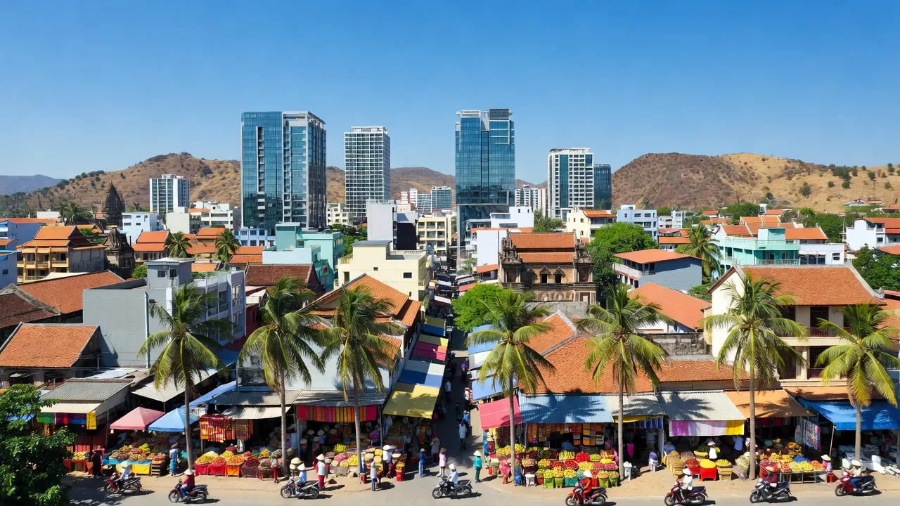 Khung cảnh thành phố Phan Rang-Tháp Chàm ở Ninh Thuận với kiến trúc hiện đại và cây cọ xanh.