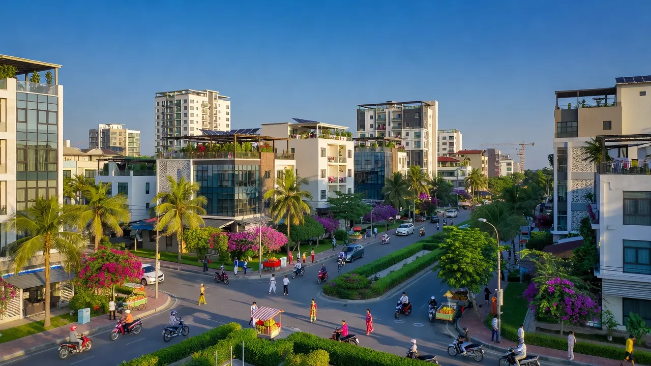 Quang cảnh Phường Bảo An, thành phố Phan Rang-Tháp Chàm, Ninh Thuận với kiến trúc hiện đại và không gian xanh.