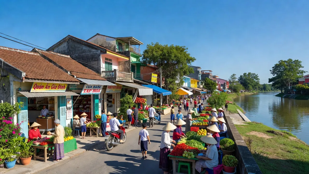 Cảnh đường phố Phường Đạo Long, Phan Rang-Tháp Chàm với nhà cửa và hoạt động buôn bán nhộn nhịp.