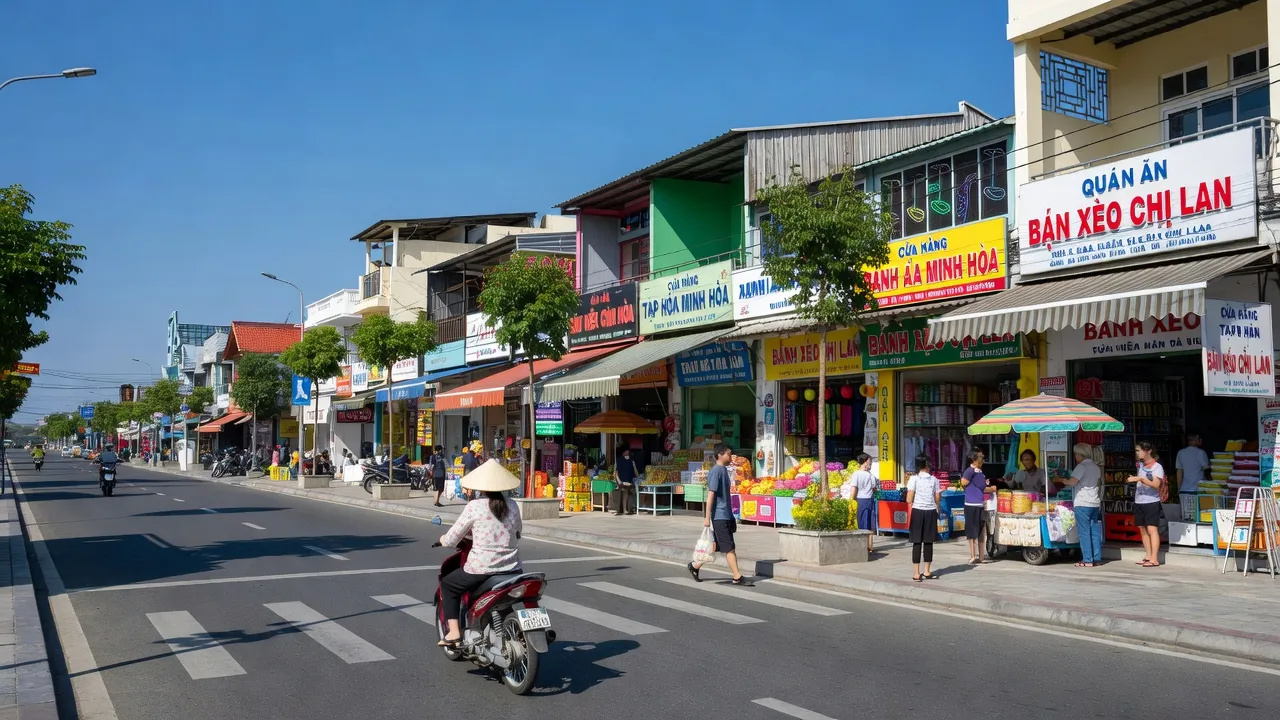 Cảnh đường phố nhộn nhịp tại Phường Kinh Dinh, Thành phố Phan Rang-Tháp Chàm, Ninh Thuận, với các cửa hàng và cư dân.
