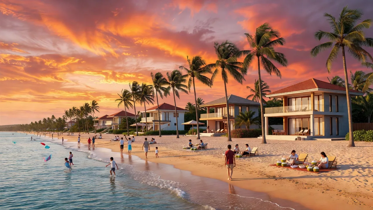 Khung cảnh Phường Mỹ Bình, Phan Rang-Tháp Chàm, Ninh Thuận với bãi biển và kiến trúc hiện đại.