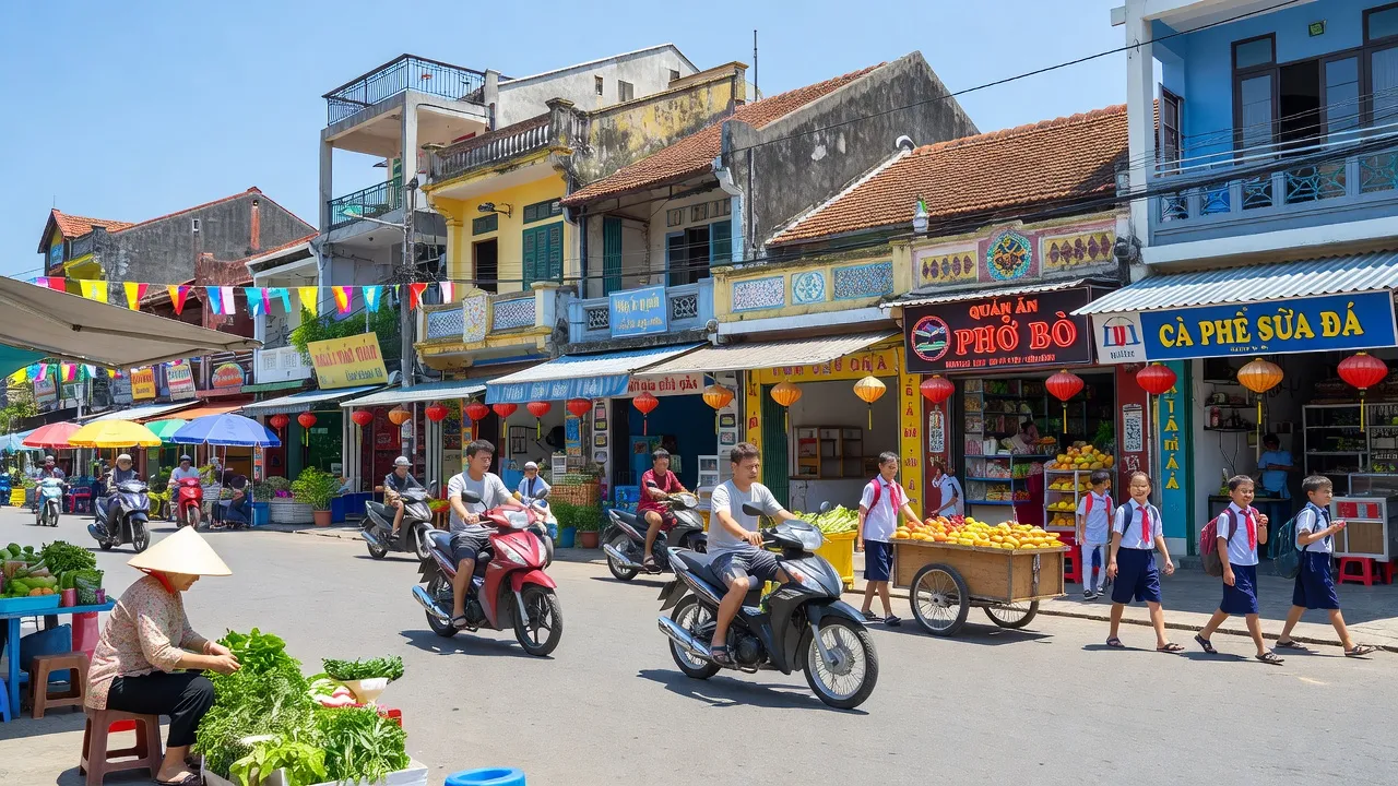 Cảnh quan phố Phủ Hà, Thành phố Phan Rang-Tháp Chàm, Ninh Thuận với kiến trúc và đời sống nhộn nhịp.