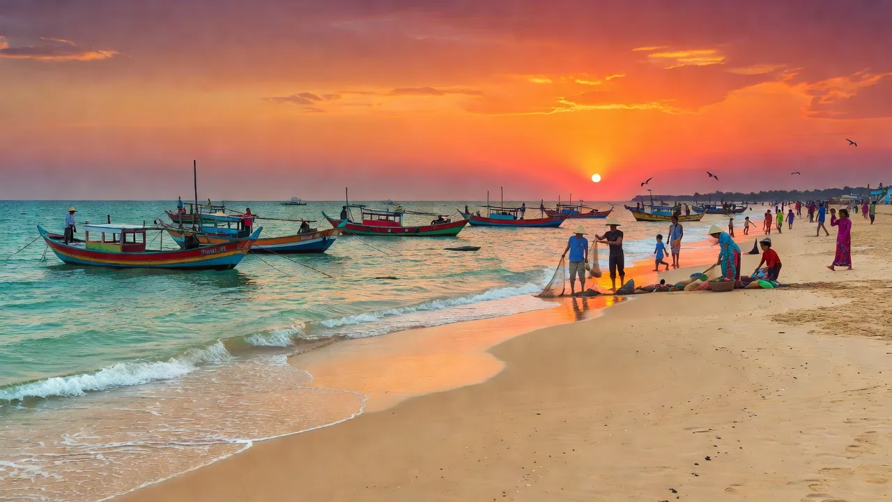 Phường Phước Mỹ, biển Ninh Thuận, cảnh biển với nền hoàng hôn và thuyền đánh cá.