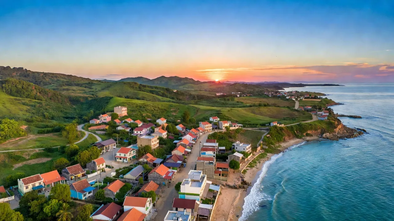 Toàn cảnh Xã Thành Hải, Phan Rang-Tháp Chàm, Ninh Thuận với bãi biển và núi xanh.