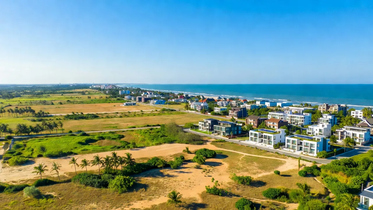Xã Thành Hải, thành phố Phan Rang-Tháp Chàm, Ninh Thuận với cảnh biển xanh và khu dân cư hiện đại.