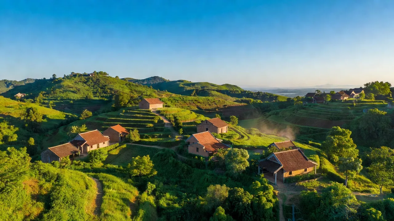 Khung cảnh huyện Thuận Bắc, Ninh Thuận với đồi xanh, kiến trúc địa phương và bầu trời trong xanh.