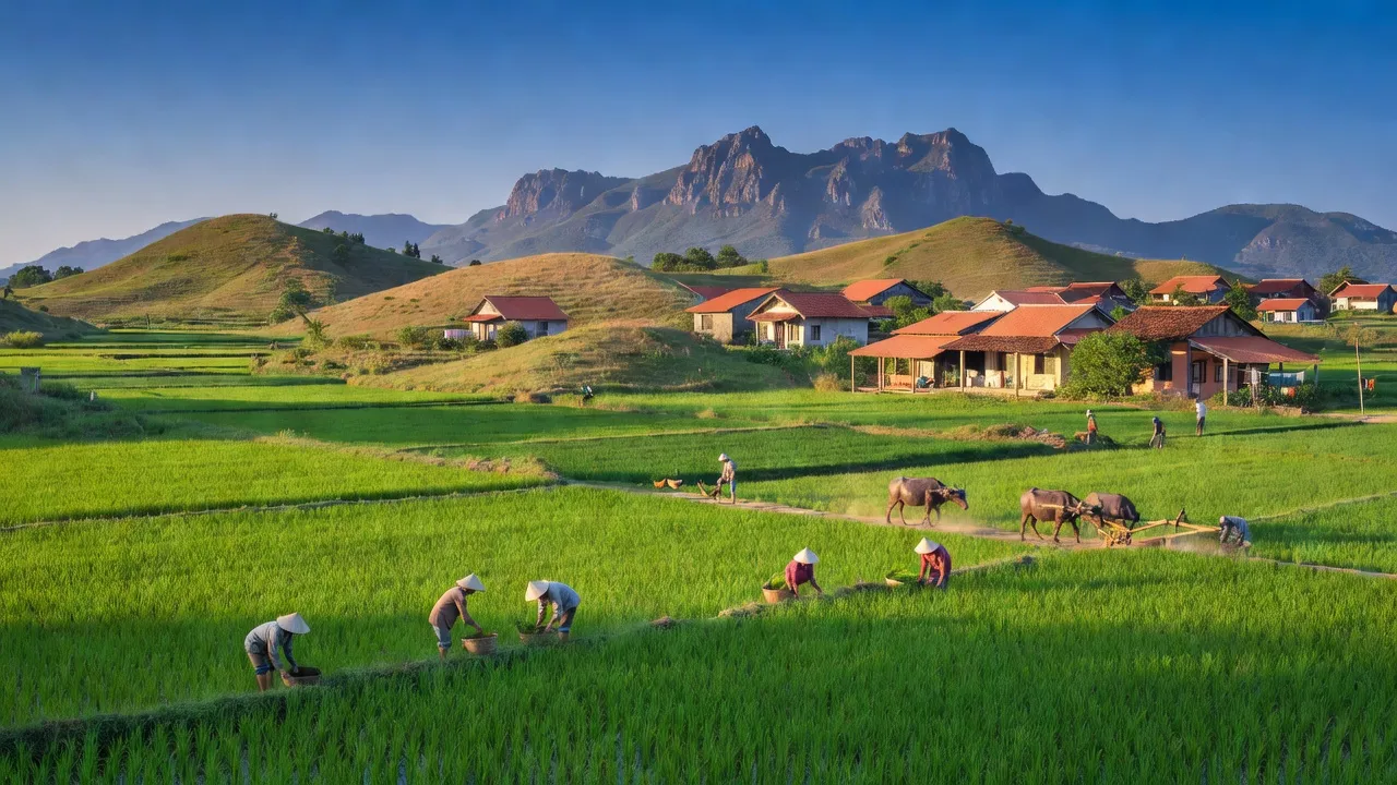 Cảnh quan xanh tươi của xã Bắc Phong, Thuận Bắc, Ninh Thuận với núi và bầu trời trong.