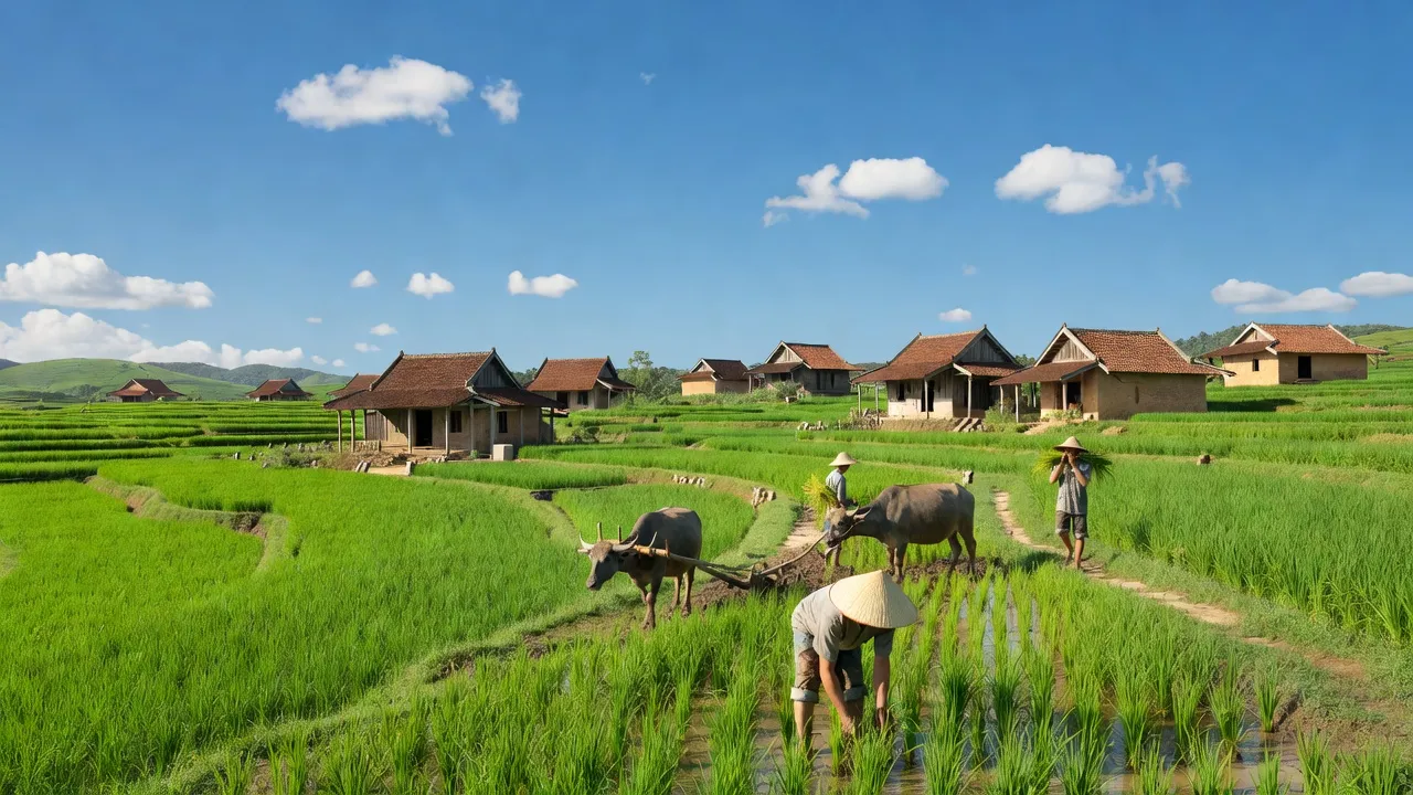Khung cảnh nông thôn xã Bắc Sơn, huyện Thuận Bắc, Ninh Thuận với cánh đồng xanh tươi.
