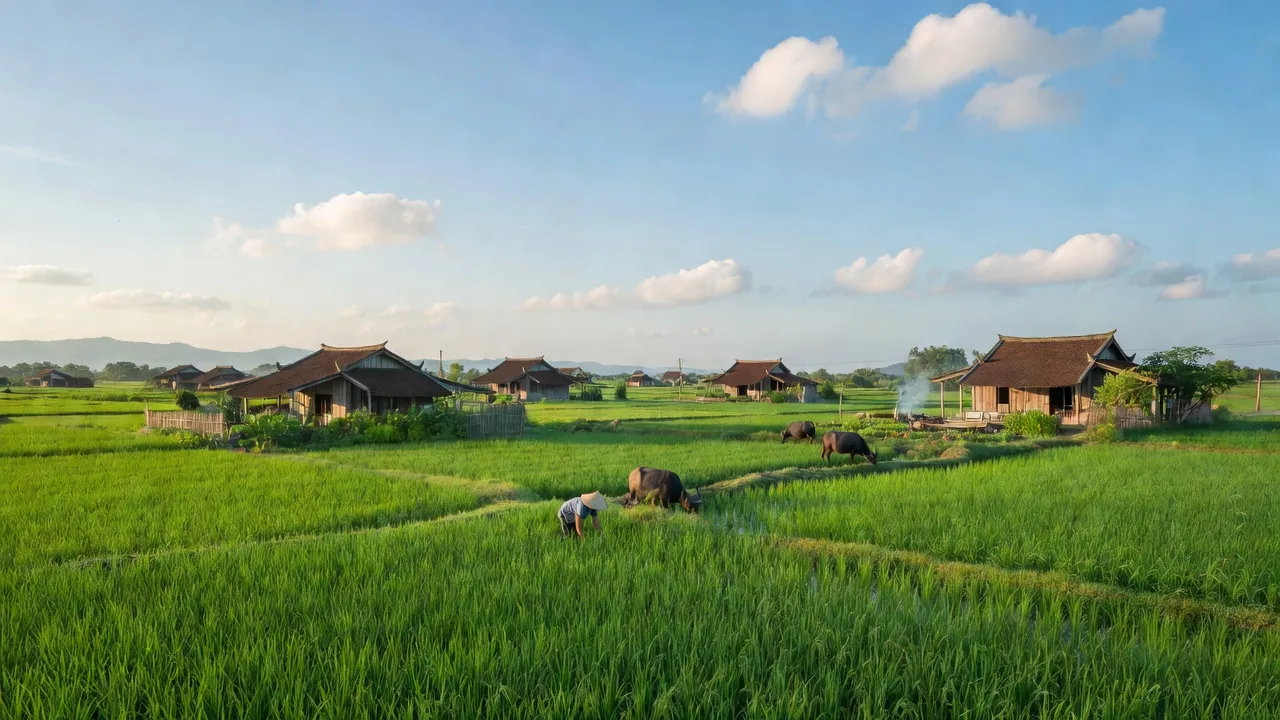 Cảnh quan xã Công Hải, huyện Thuận Bắc, Ninh Thuận với đồng xanh và nhà truyền thống.