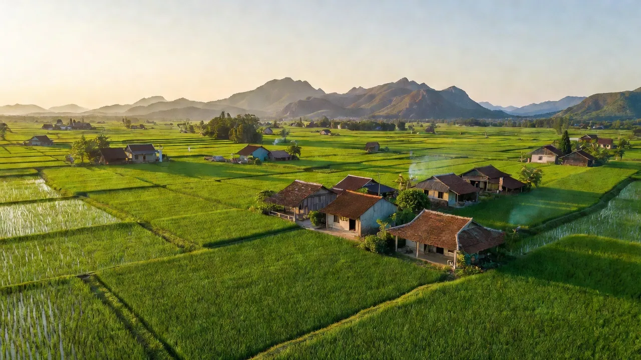 Toàn cảnh xã Công Hải, huyện Thuận Bắc, tỉnh Ninh Thuận với ruộng bậc thang xanh tươi và núi.