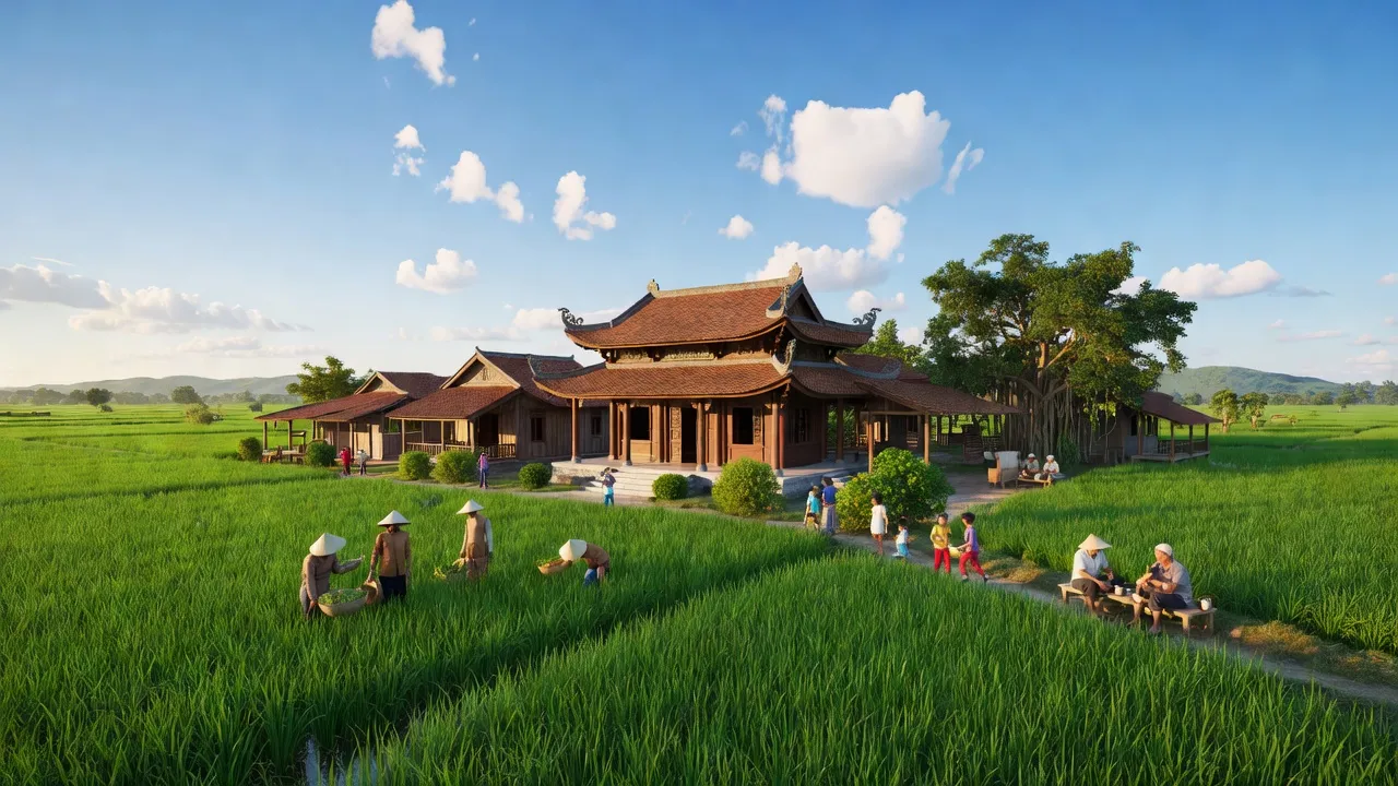 Xã Lợi Hải, Huyện Thuận Bắc, Tỉnh Ninh Thuận với cánh đồng xanh và kiến trúc truyền thống, nổi bật giữa bầu trời xanh.