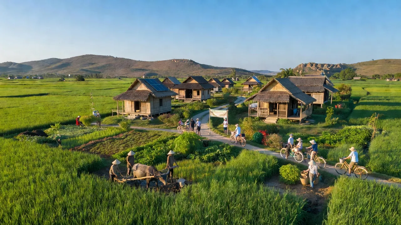 Khung cảnh Xã Phước Chiến, huyện Thuận Bắc, Ninh Thuận với thiên nhiên xanh tươi và hoạt động cộng đồng.