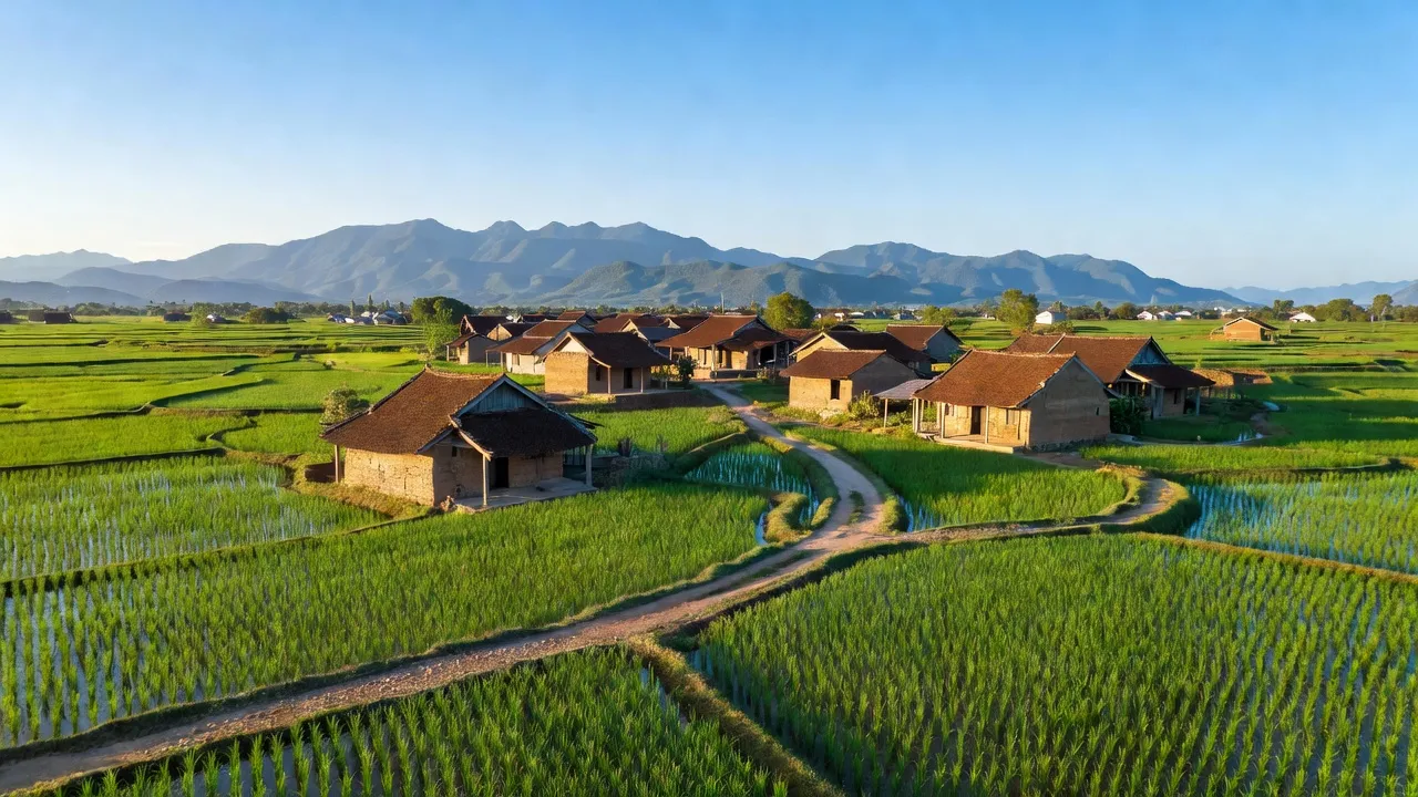 Khung cảnh làng Phước Kháng, huyện Thuận Bắc, tỉnh Ninh Thuận, với cánh đồng xanh và nhà truyền thống.