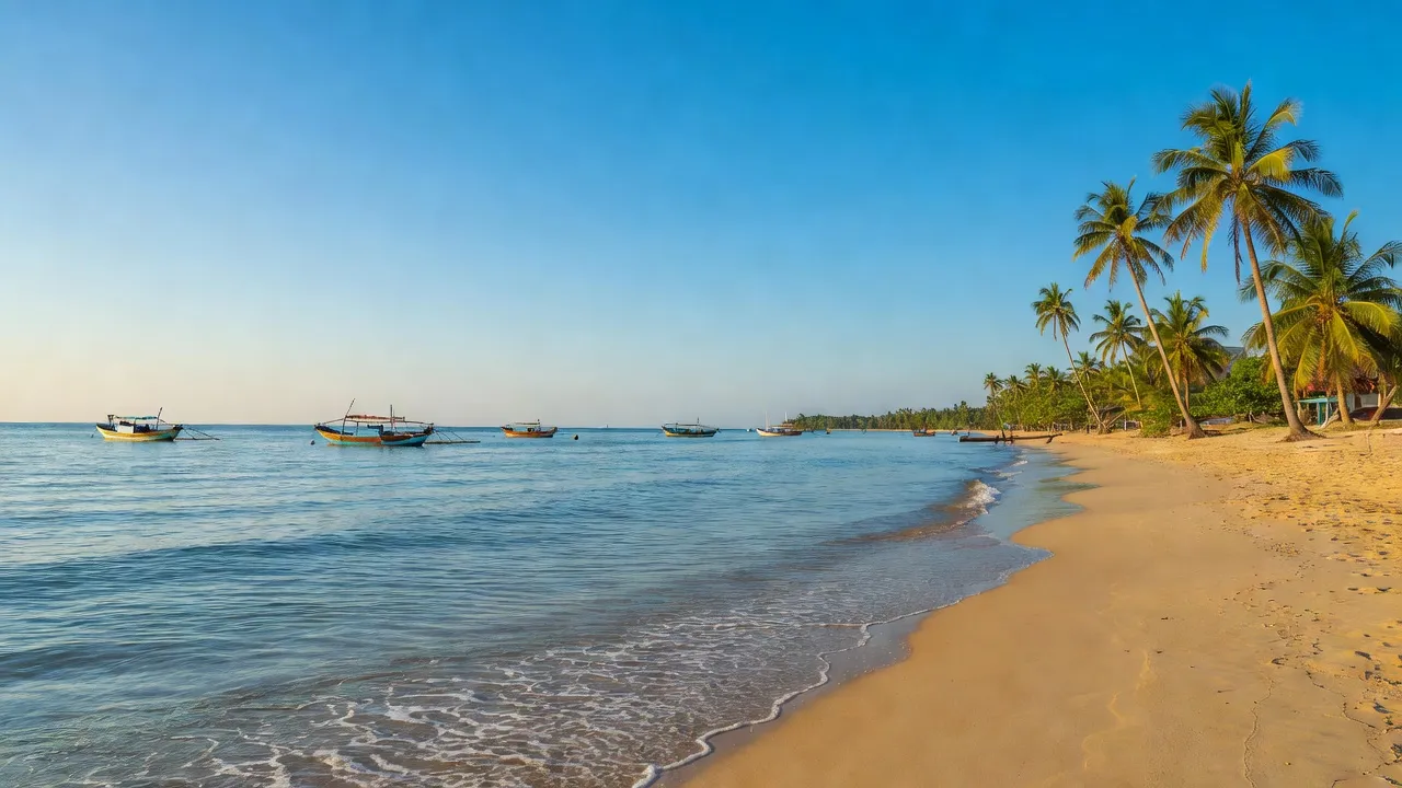 Cảnh biển Cà Ná, Ninh Thuận với bãi cát vàng và thuyền đánh cá, bầu trời trong xanh.