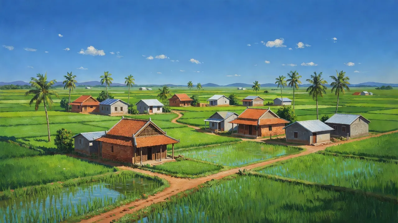 Cảnh quan xã Nhị Hà, huyện Thuận Nam, tỉnh Ninh Thuận với cánh đồng xanh và nhà truyền thống.