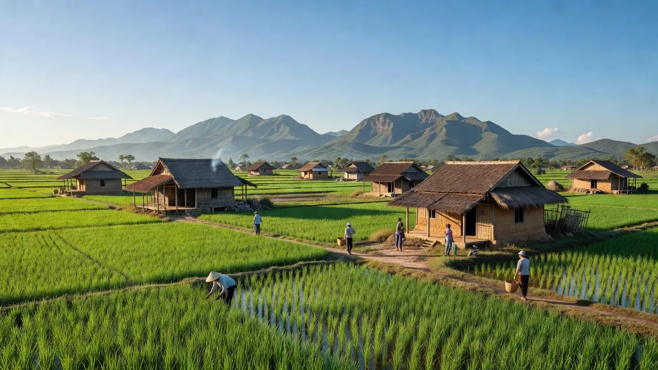 Khung cảnh yên bình xã Nhị Hà, huyện Thuận Nam, Ninh Thuận với đồng cỏ xanh tươi.