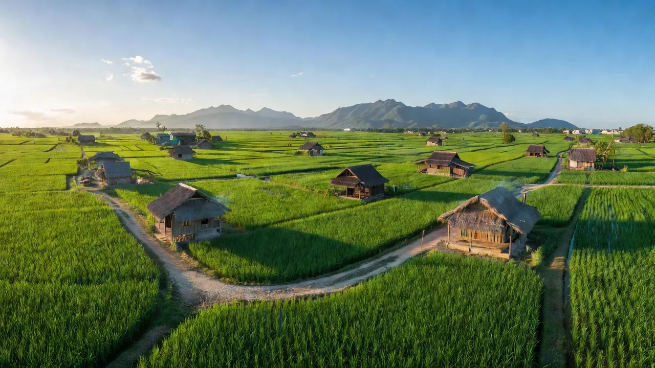 Cảnh sắc nông thôn Phước Hà, Thuận Nam, Ninh Thuận với cánh đồng xanh và nhà truyền thống.