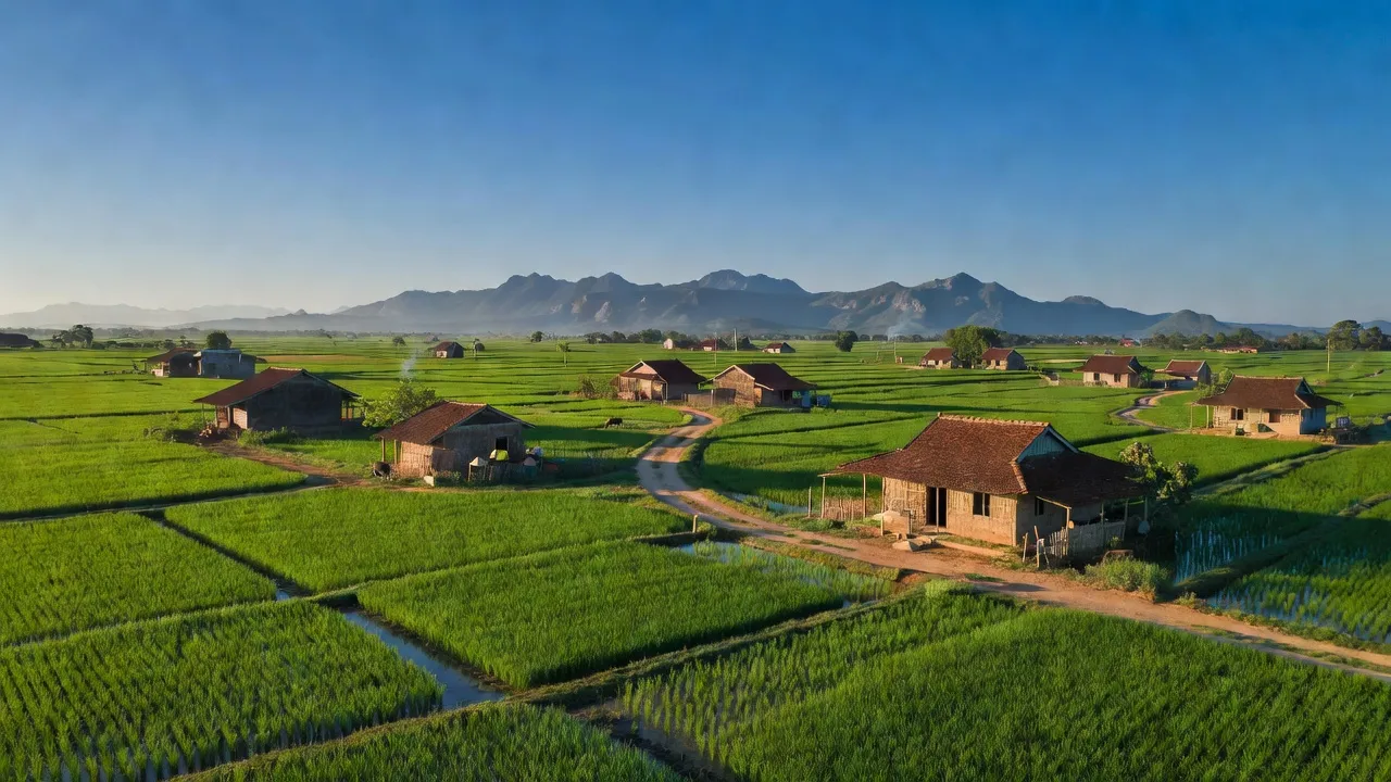 Cảnh sắc yên bình xã Phước Hà, huyện Thuận Nam, tỉnh Ninh Thuận với cánh đồng xanh mướt.