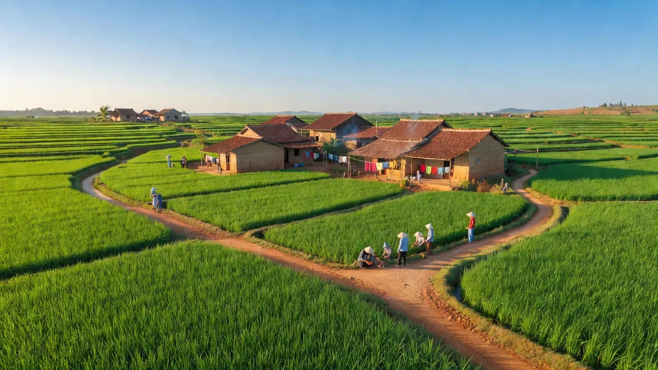 Cảnh đẹp xã Phước Nam, huyện Thuận Nam, tỉnh Ninh Thuận với đồng lúa và nhà cửa.