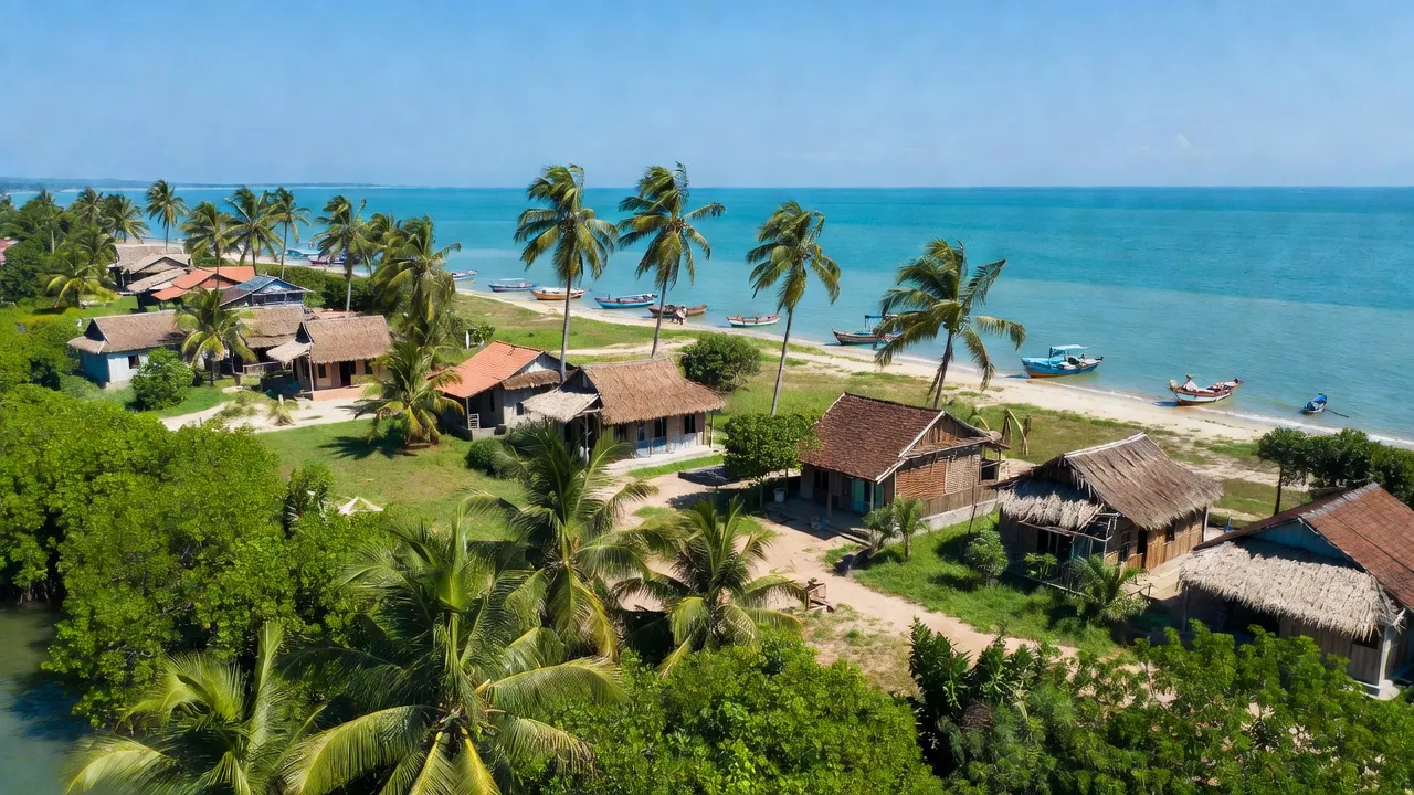 Khung cảnh biển tại xã Phước Ninh, huyện Thuận Nam, tỉnh Ninh Thuận với nhà cửa và cây xanh.