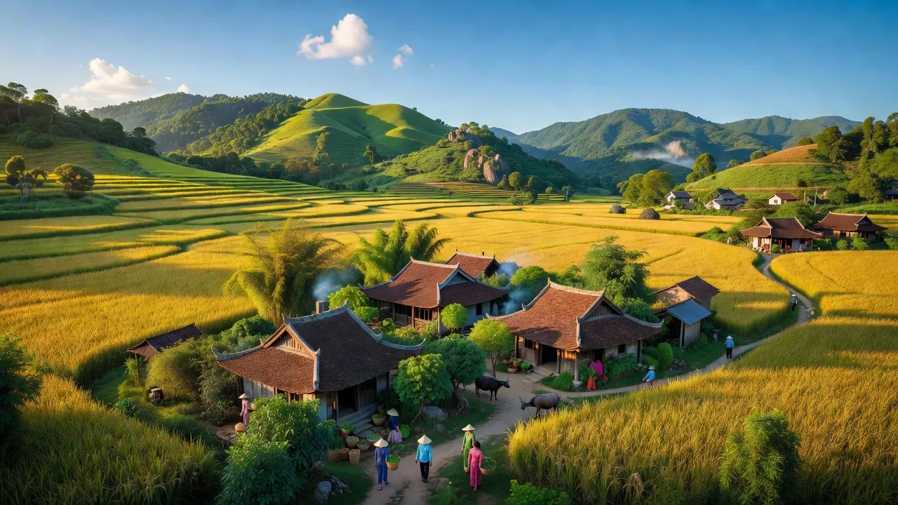 Cảnh sắc huyện Cẩm Khê, Phú Thọ với đồi núi, cánh đồng lúa và bầu trời trong xanh.