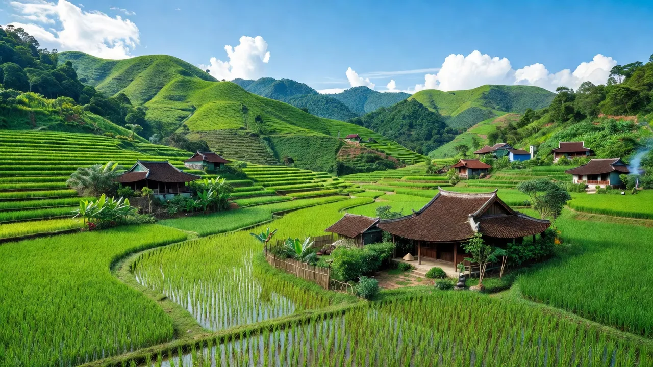 Khung cảnh xanh tươi huyện Cẩm Khê, Phú Thọ với cánh đồng và nhà truyền thống.