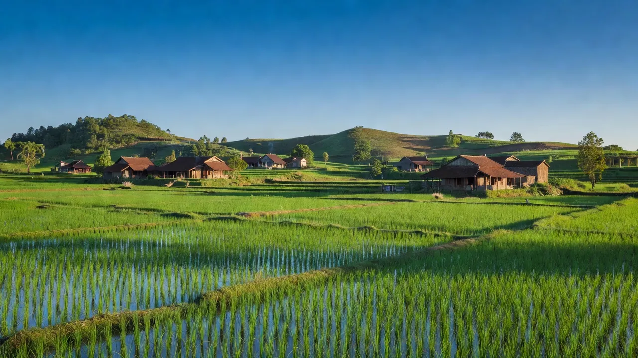 Khung cảnh đẹp của xã Điêu Lương, huyện Cẩm Khê, Phú Thọ với cánh đồng xanh, nhà truyền thống.
