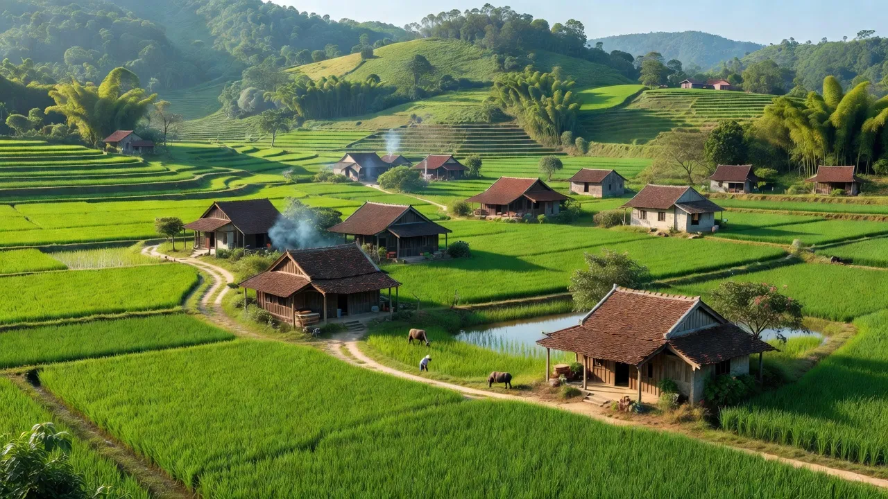 Khung cảnh xã Điêu Lương, huyện Cẩm Khê, tỉnh Phú Thọ với thiên nhiên tươi đẹp và nhà truyền thống.