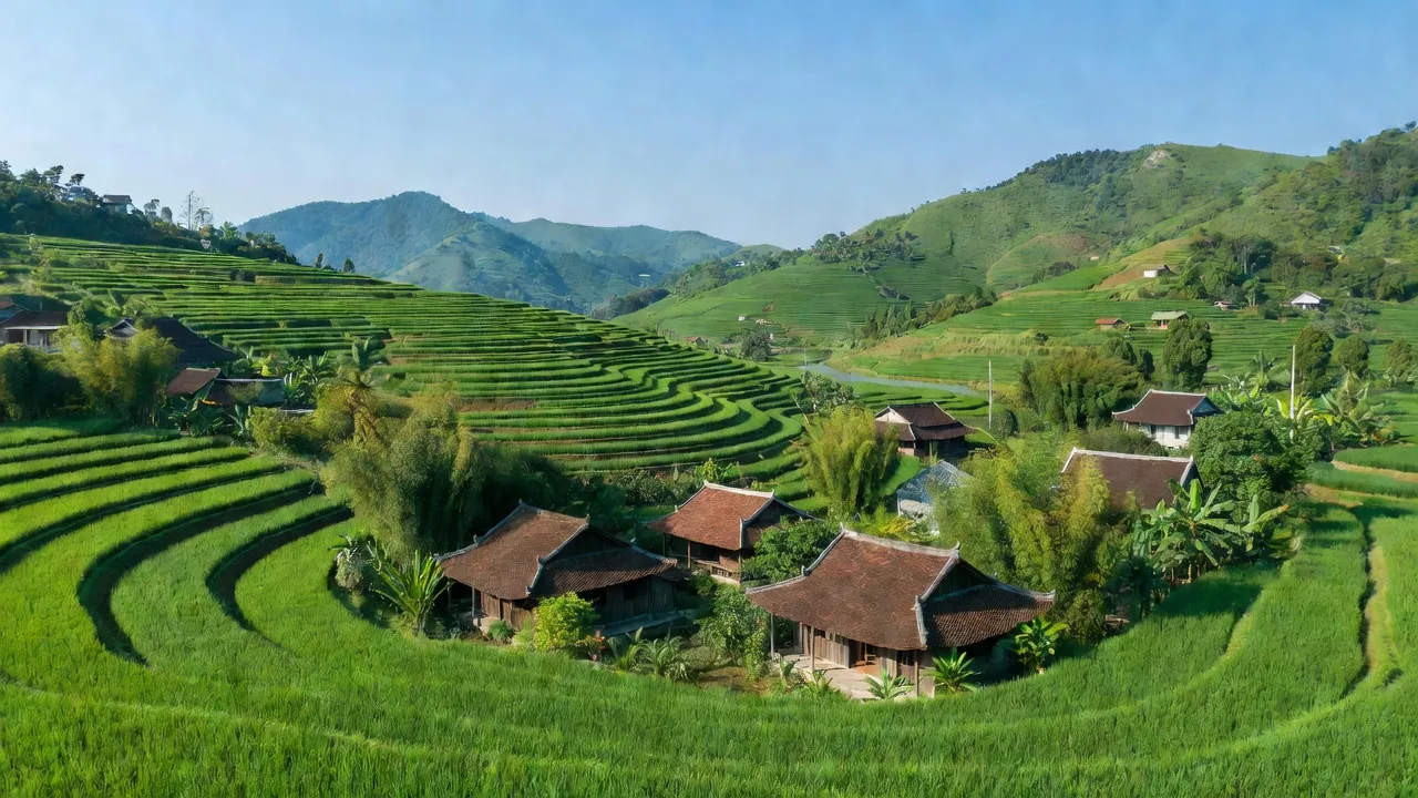 Khung cảnh đẹp của xã Đồng Lương, huyện Cẩm Khê, tỉnh Phú Thọ với cánh đồng xanh tươi.