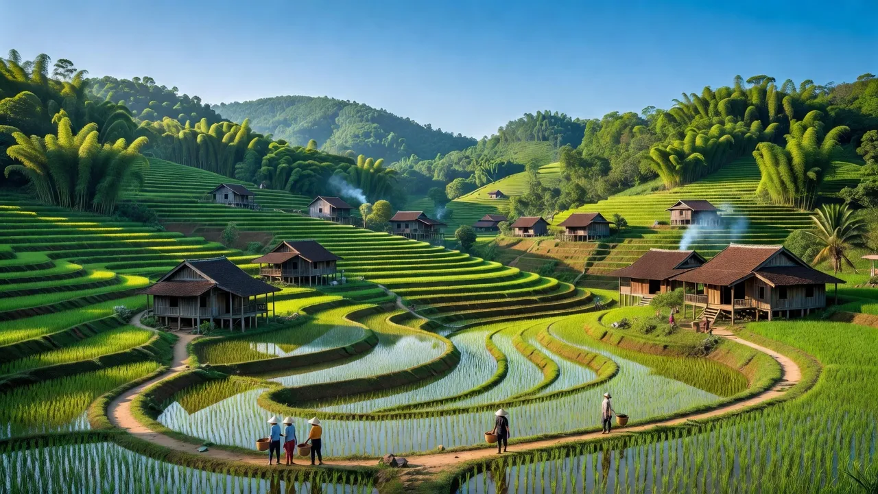 Khung cảnh xã Đồng Lương, huyện Cẩm Khê, tỉnh Phú Thọ với đồi xanh và nhà truyền thống.