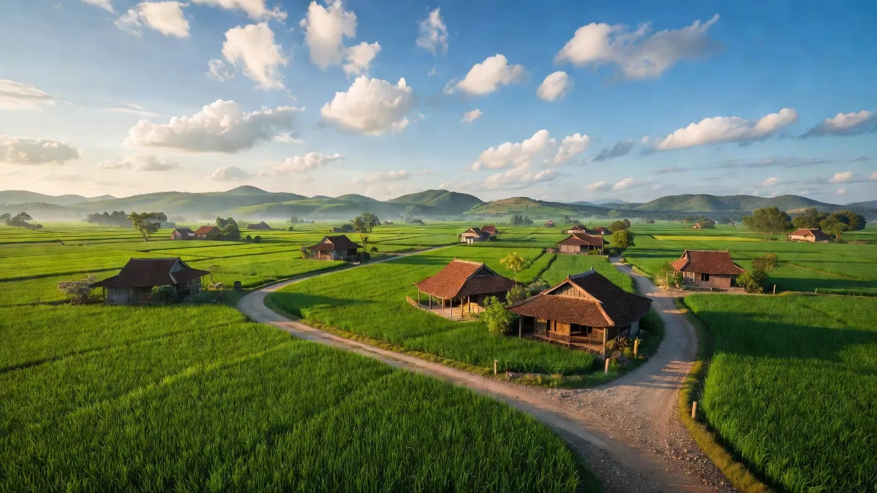 Cảnh đẹp xã Hùng Việt, huyện Cẩm Khê, tỉnh Phú Thọ với đồng xanh và nhà truyền thống.