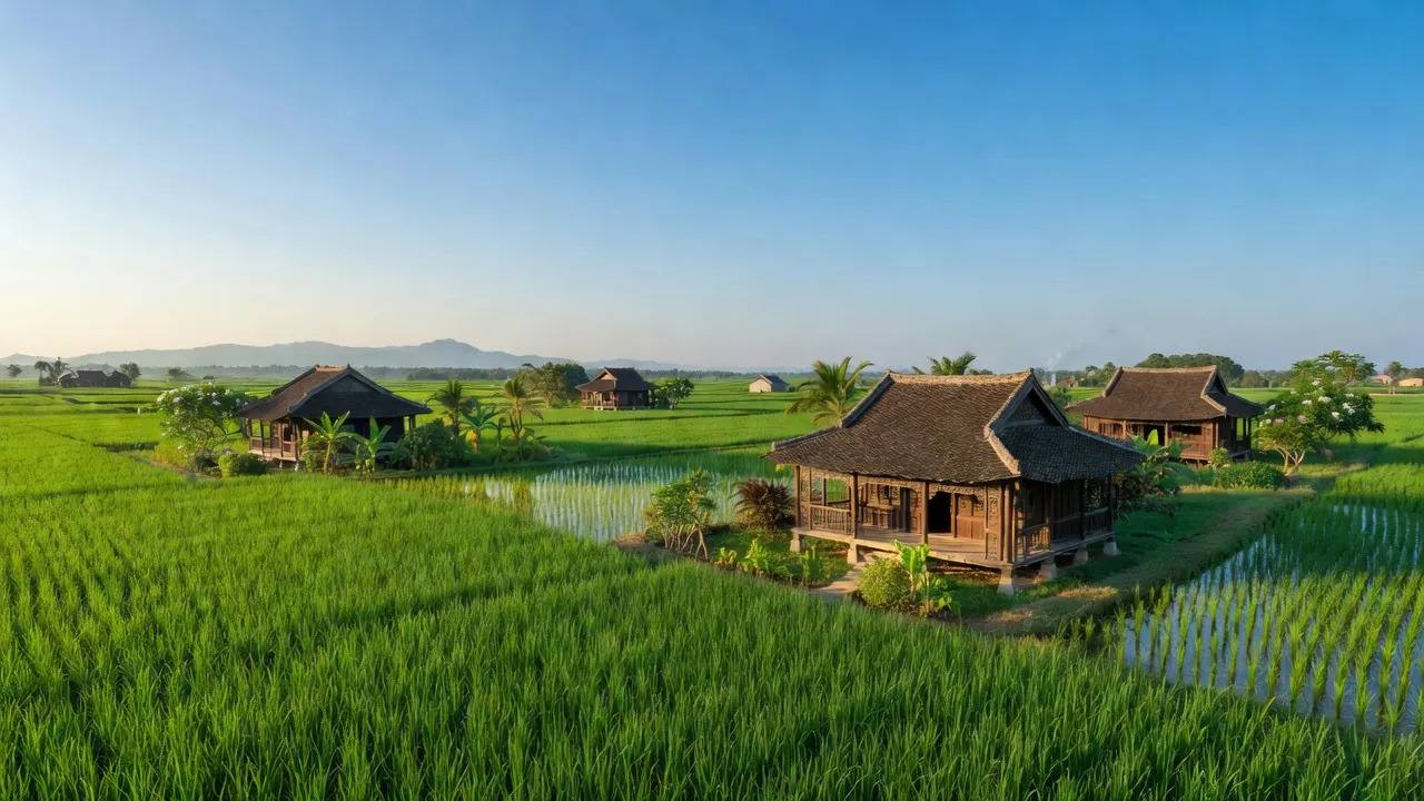 Quang cảnh xã Hùng Việt, huyện Cẩm Khê, tỉnh Phú Thọ với nhà truyền thống và cánh đồng xanh.
