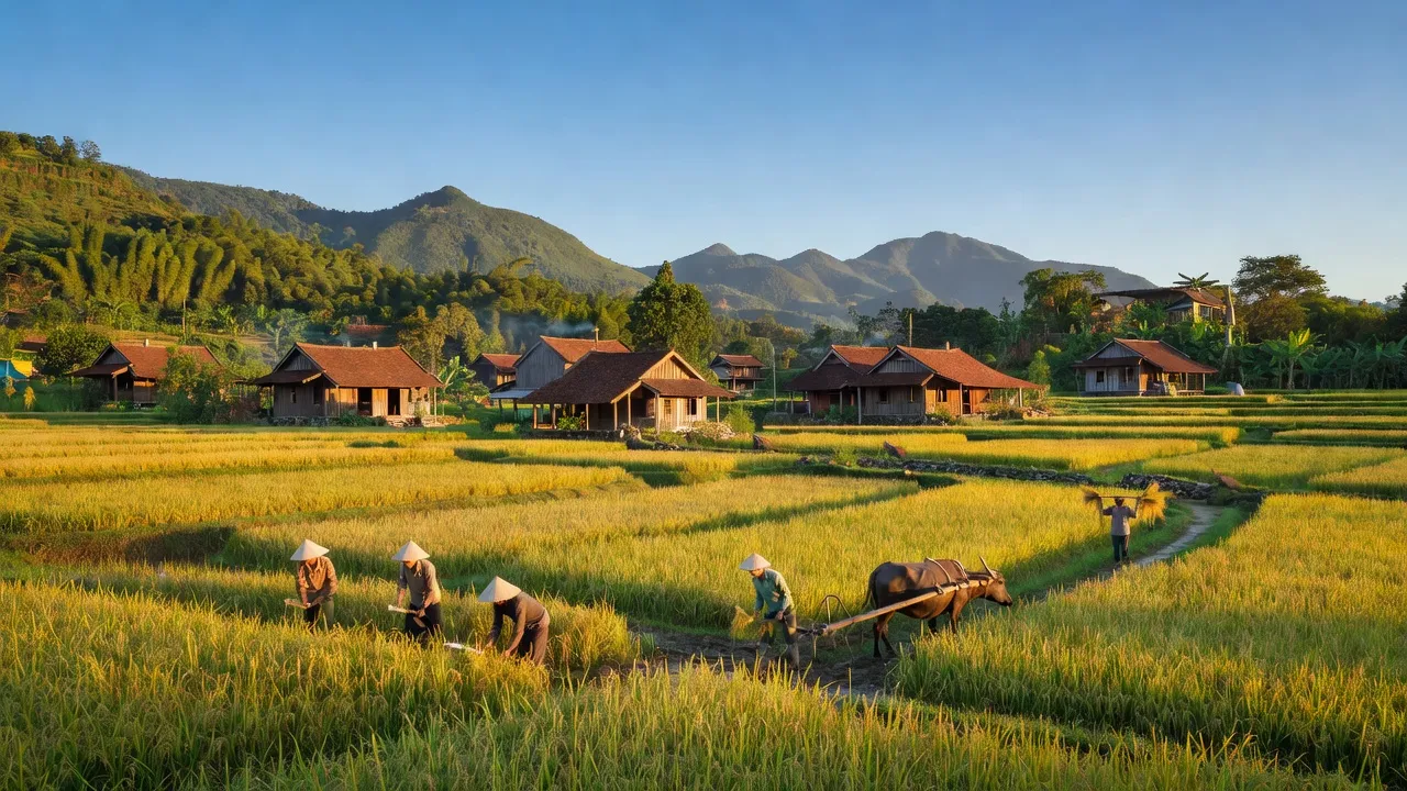 Cảnh đẹp xã Hương Lung, Cẩm Khê, Phú Thọ với đồng lúa và nhà truyền thống, hoạt động nông nghiệp.