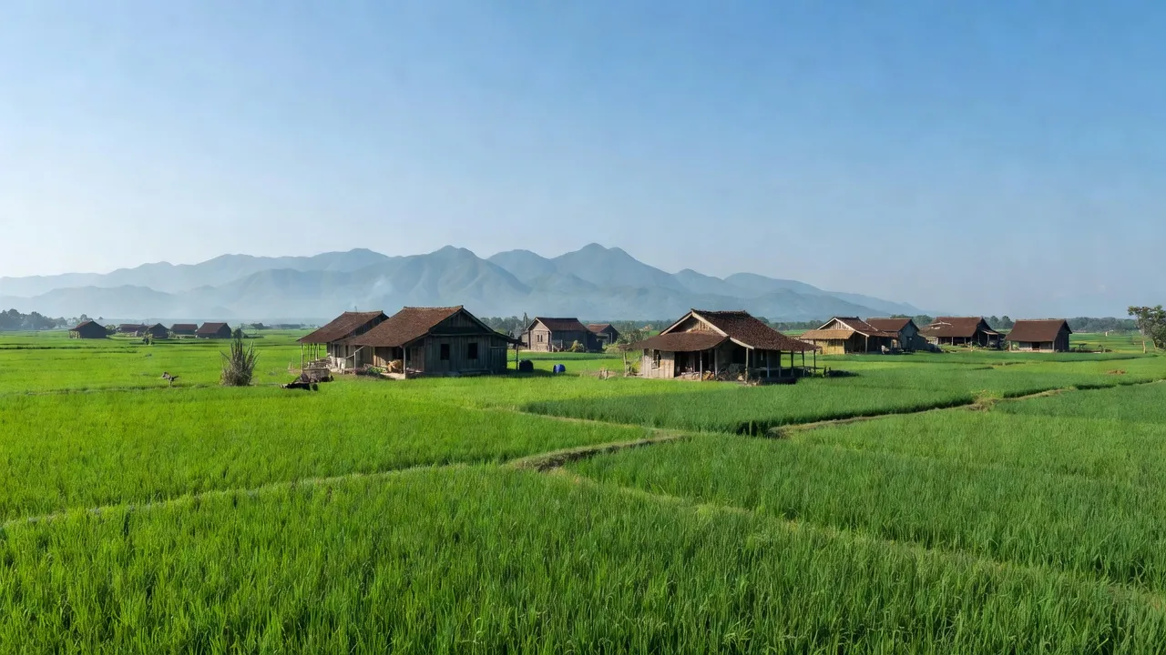 Hương Lung village in Cẩm Khê, Phú Thọ, featuring rice fields and traditional houses surrounded by mountains.