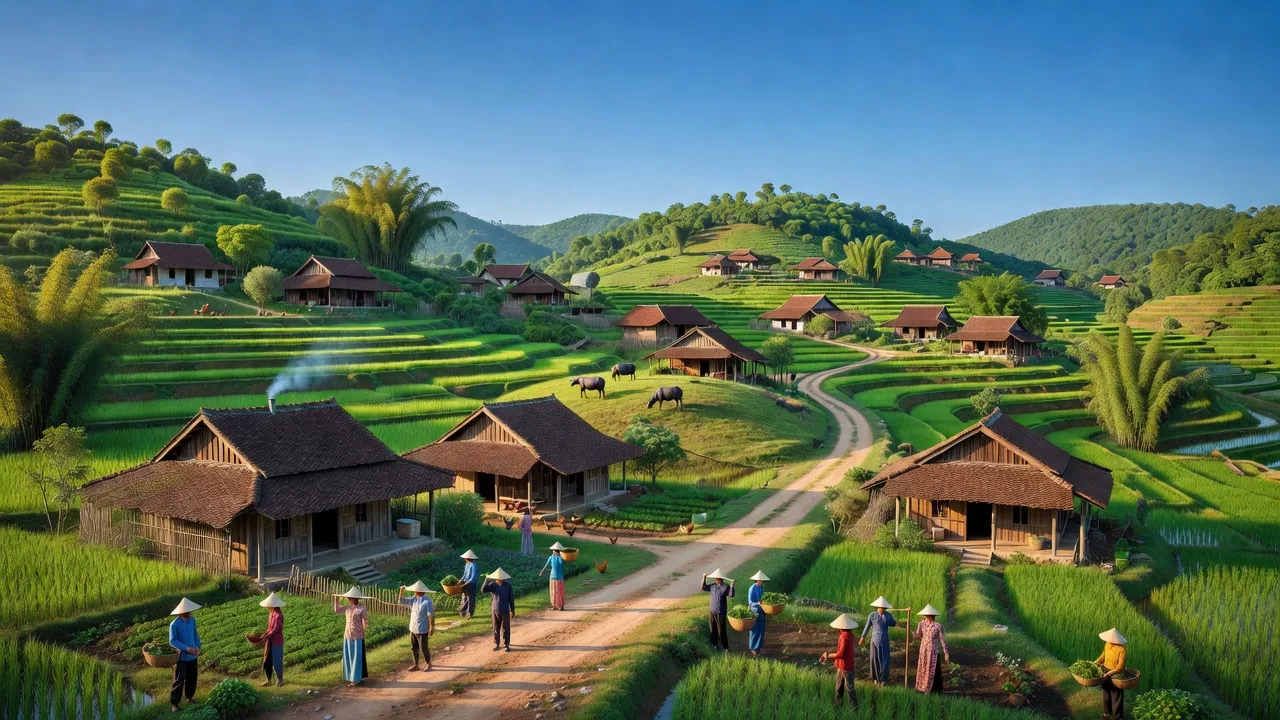 Cảnh quan đẹp của xã Minh Tân, huyện Cẩm Khê, tỉnh Phú Thọ với đồi xanh và nhà truyền thống.