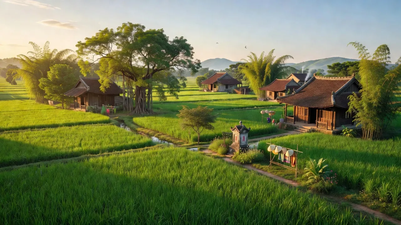 Cảnh quê yên bình xã Minh Thắng, Cẩm Khê, Phú Thọ với cánh đồng và nhà truyền thống.
