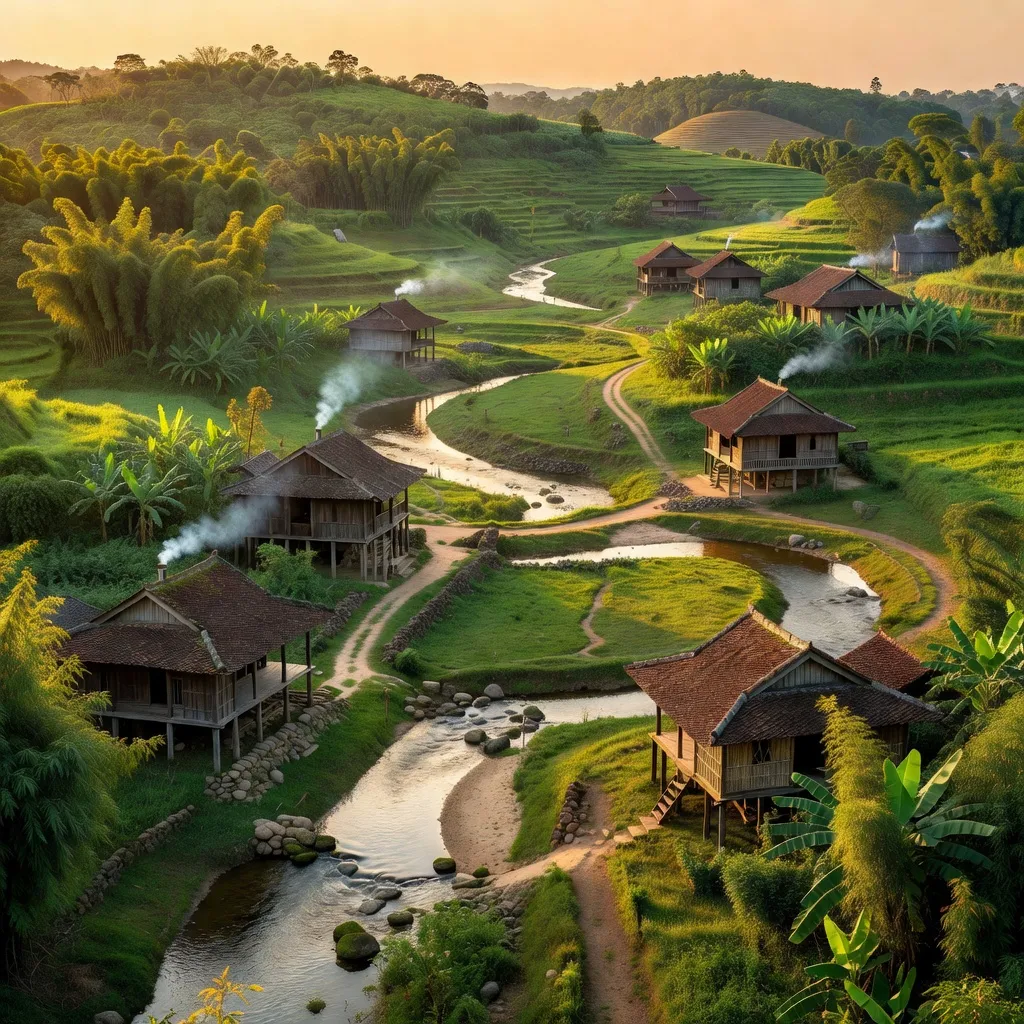 Cảnh làng Nhật Tiến, huyện Cẩm Khê, tỉnh Phú Thọ với đồi núi, rừng cây và dòng suối quanh co.