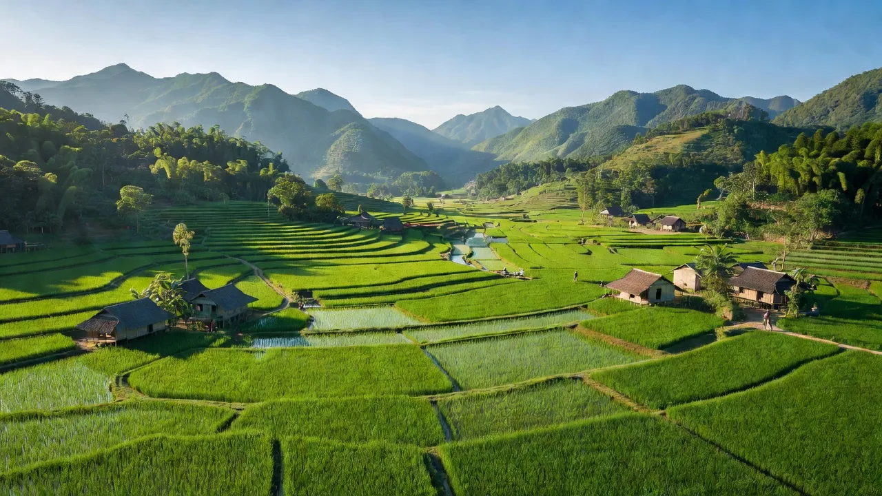 Cảnh quan Xã Phong Thịnh, huyện Cẩm Khê, tỉnh Phú Thọ với cánh đồng xanh và núi non.