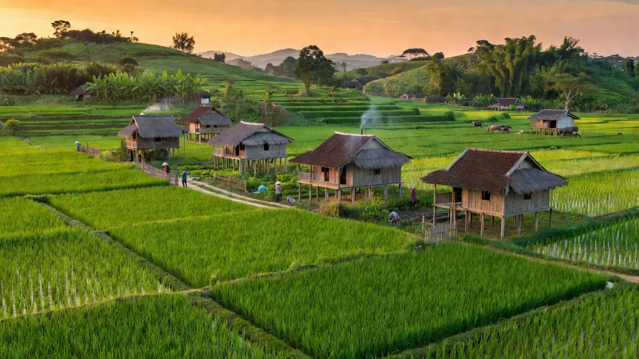 Khung cảnh Xã Phú Khê, Huyện Cẩm Khê, Tỉnh Phú Thọ, với đồng quê và nhà truyền thống.