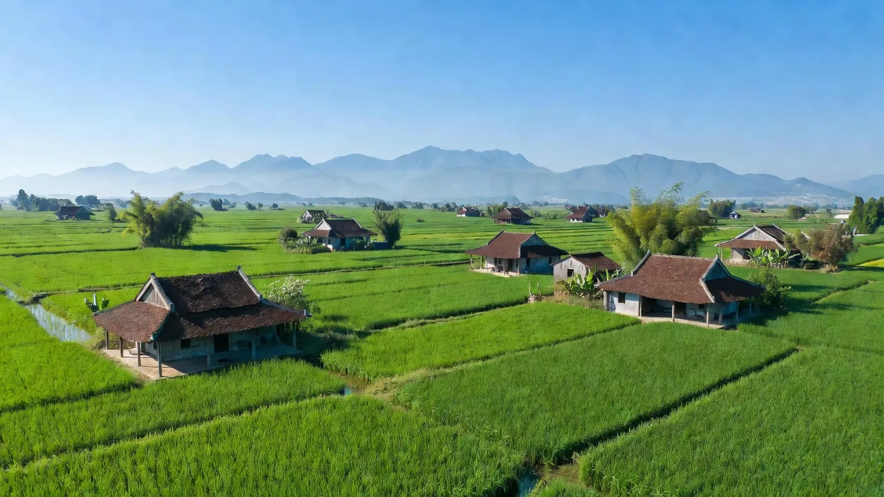 Khung cảnh yên bình tại Xã Phú Khê, Huyện Cẩm Khê, Tỉnh Phú Thọ với cánh đồng xanh.