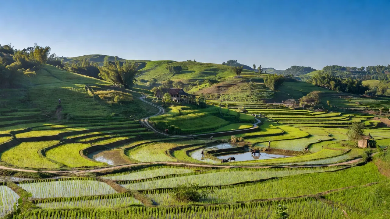 Cảnh đẹp Tam Sơn, Cẩm Khê, Phú Thọ với đồi núi, ruộng lúa xanh và bầu trời trong.